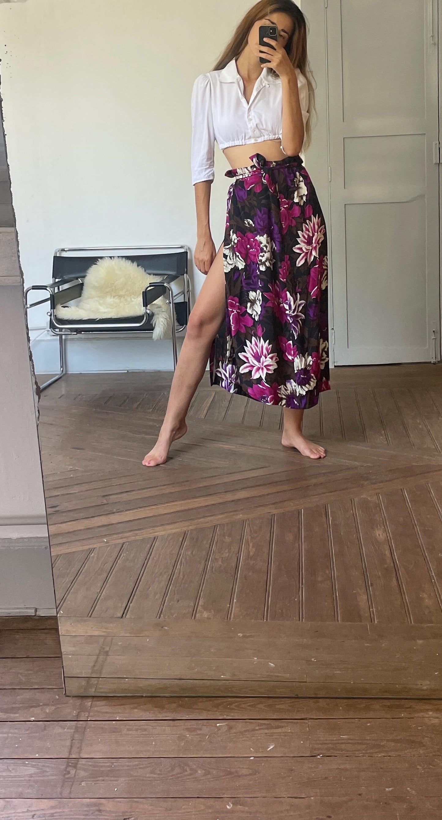 Vintage tropical purple flower summer skirt, Floral black and pink maxi skirt, High waist side split skirt