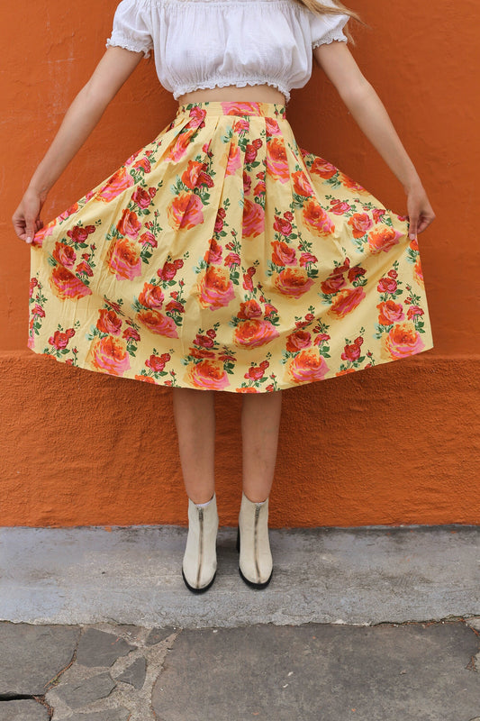 vintage yellow floral high waist pleated summer skirt