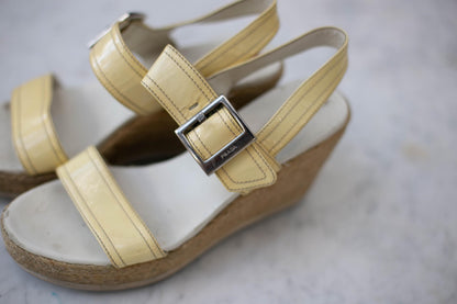 Vintage Prada Platform Espadrilles Sandals, White Patent Leather Straps, Woven Plateau Heel, Y2K Retro Designer Shoes, Leather Slippers