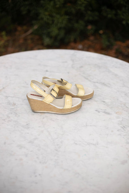 Vintage Prada Platform Espadrilles Sandals, White Patent Leather Straps, Woven Plateau Heel, Y2K Retro Designer Shoes, Leather Slippers