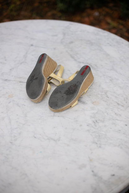 Vintage Prada Platform Espadrilles Sandals, White Patent Leather Straps, Woven Plateau Heel, Y2K Retro Designer Shoes, Leather Slippers