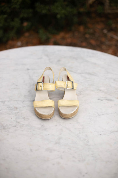 Vintage Prada Platform Espadrilles Sandals, White Patent Leather Straps, Woven Plateau Heel, Y2K Retro Designer Shoes, Leather Slippers