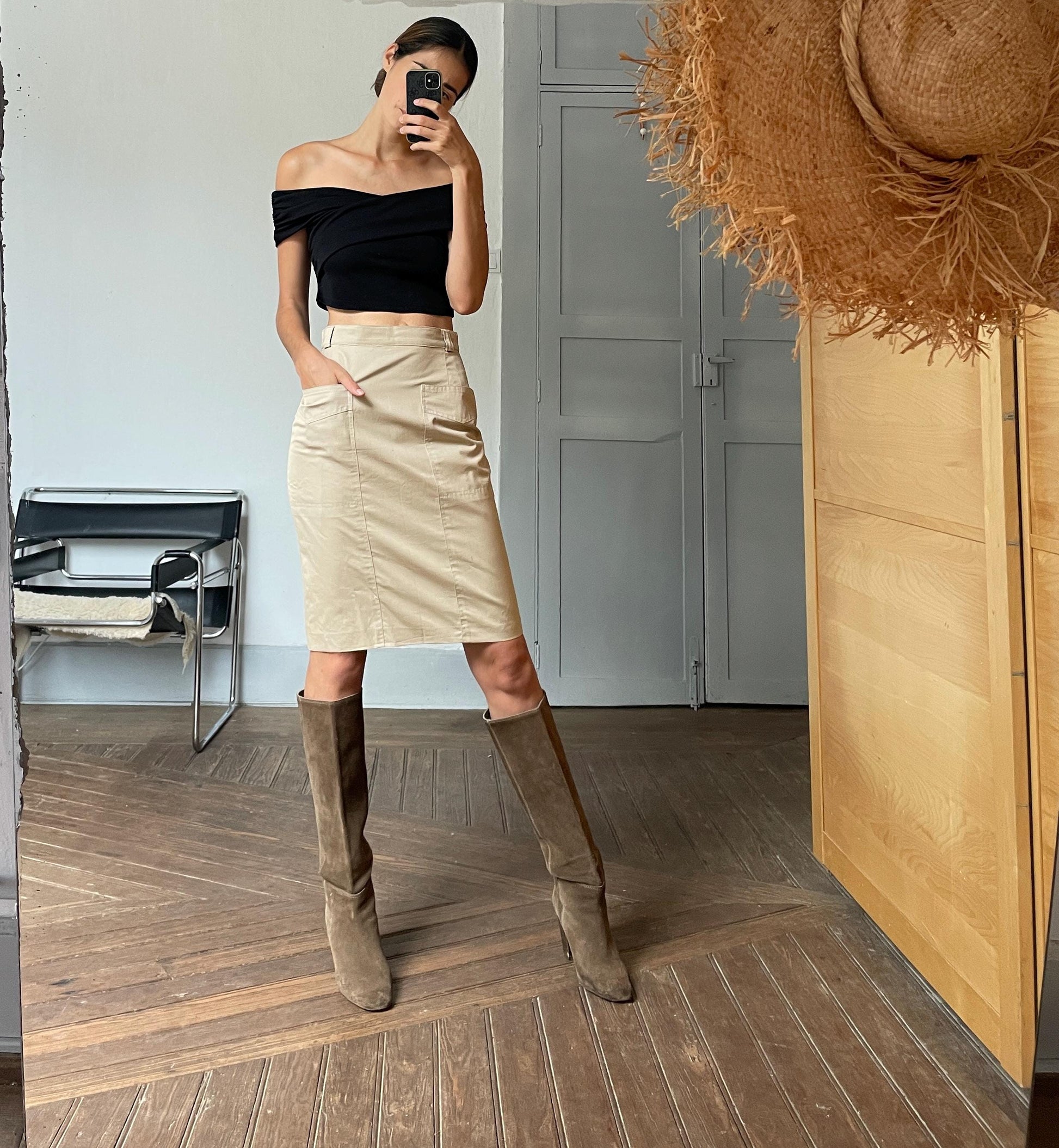 High-Waisted Beige cotton pencil Skirt with Pockets, Minimalist Neutral Skirt, Casual Chic Knee-Length Skirt for Women, Summer Workwear