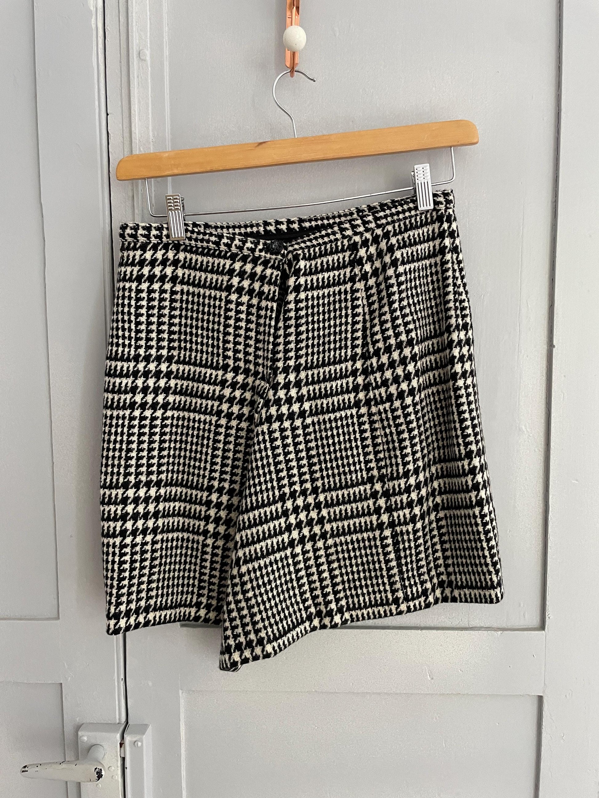 Vintage French houndstooth wool mini skirt, Unique tartan black and white winter skirt