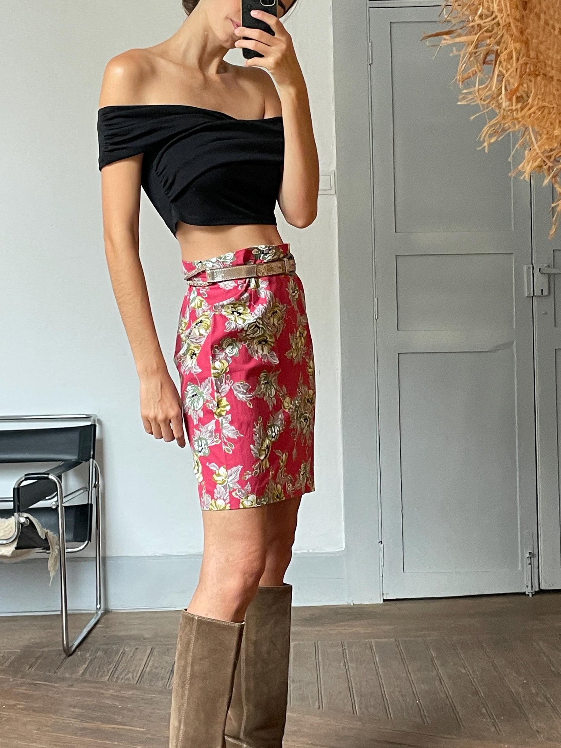 Retro pink floral skirt, High waist vintage pencil skirt, Colourful summer clothing