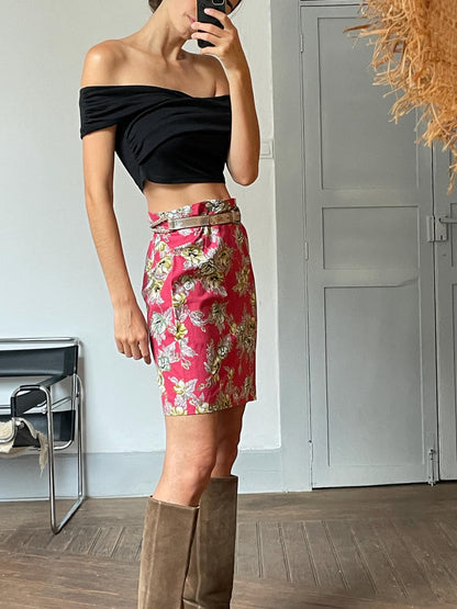 High Waist Retro Pink Floral Skirt — fabric close-up