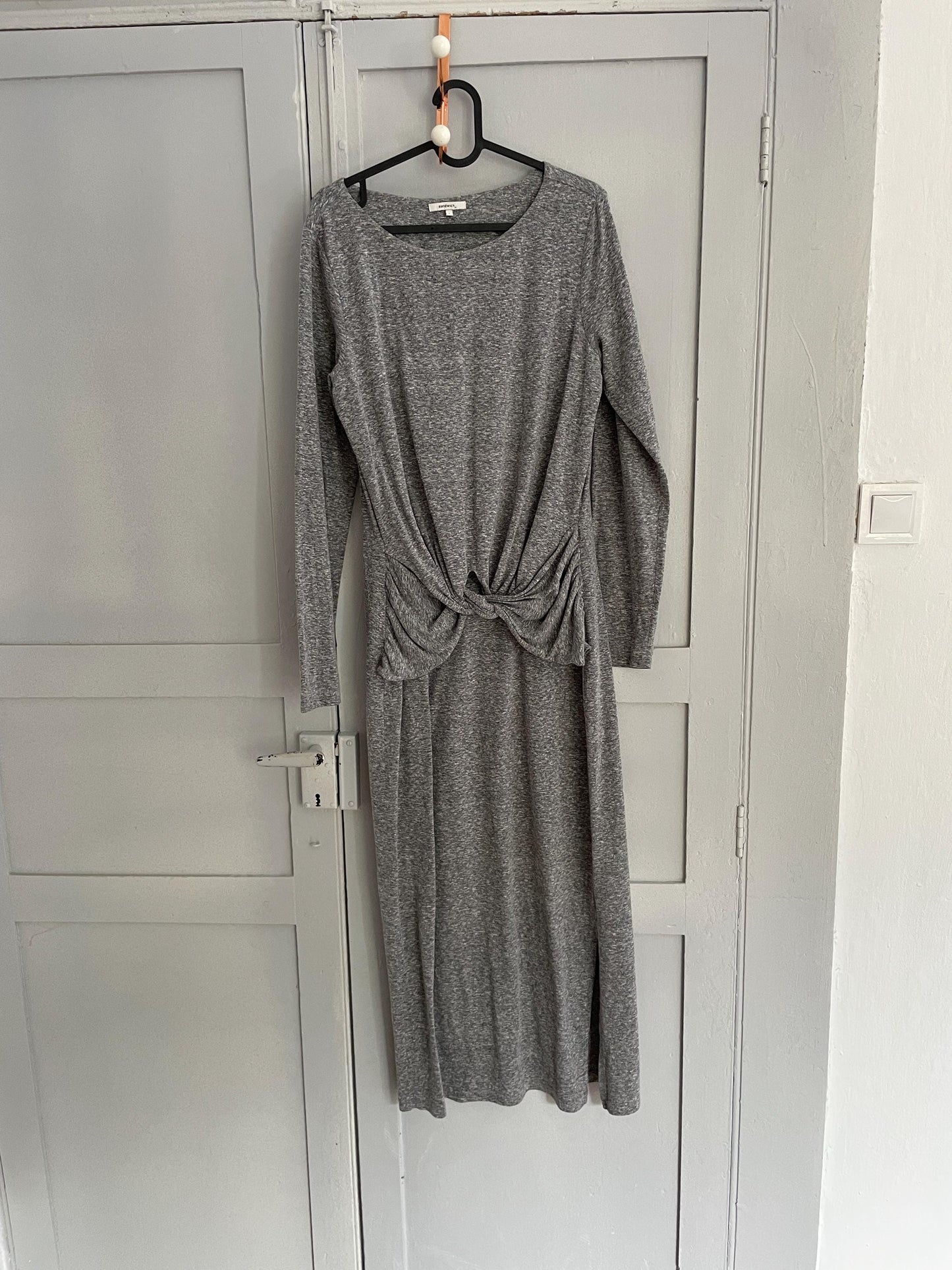 Long light grey dress, Soft winter maxi dress, Long sleeve Sandwich dress, woman clothing size L