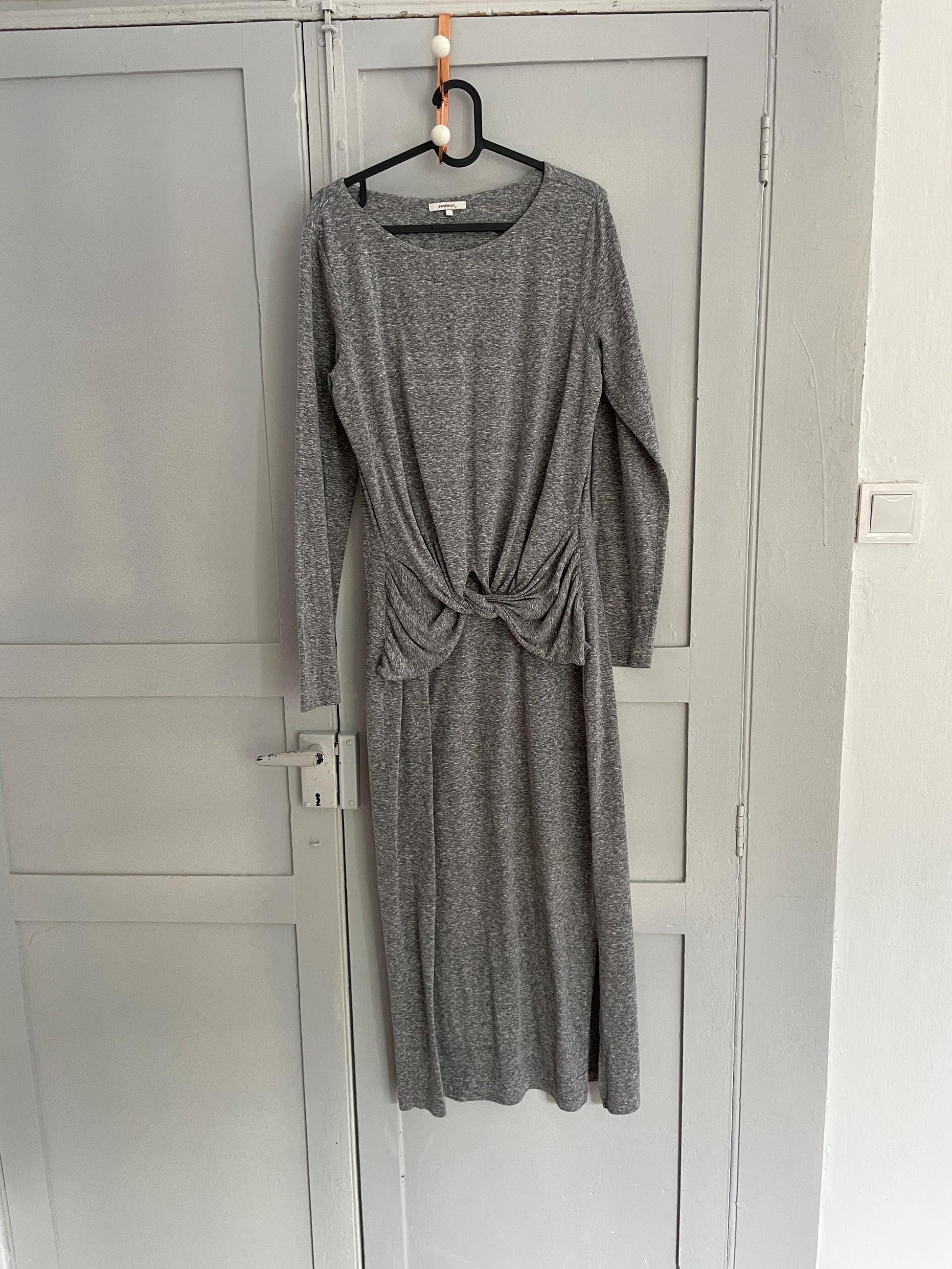 Long light grey dress, Soft winter maxi dress, Long sleeve Sandwich dress, woman clothing size L