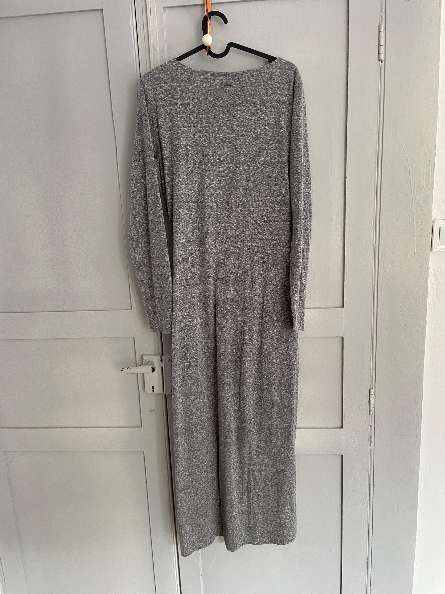Long light grey dress, Soft winter maxi dress, Long sleeve Sandwich dress, woman clothing size L