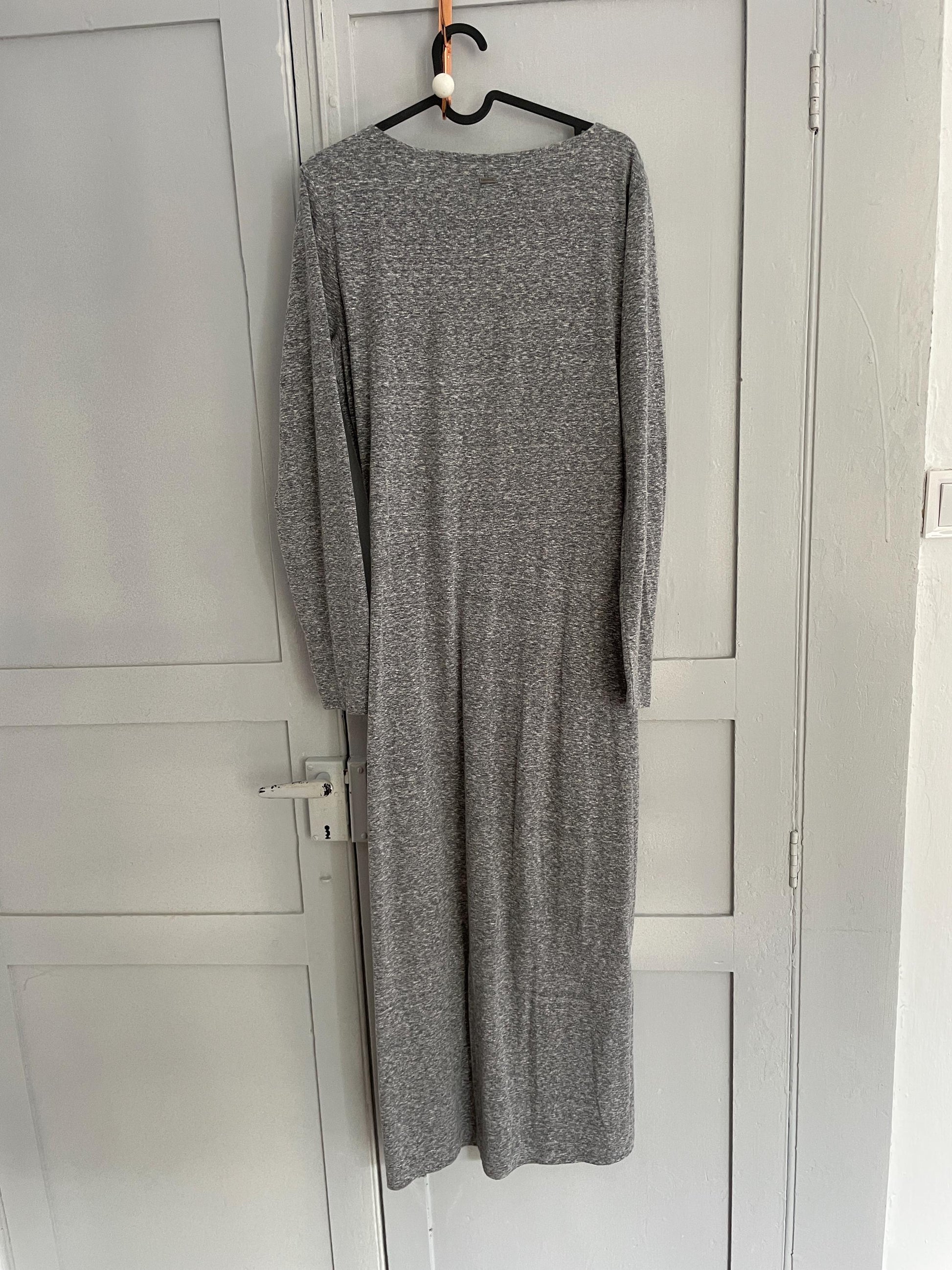 Long light grey dress, Soft winter maxi dress, Long sleeve Sandwich dress, woman clothing size L