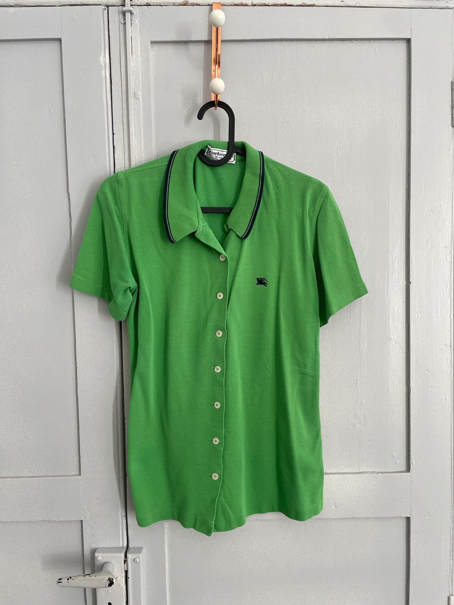 Vintage Burberrys green polo blouse – size S / EU 36, short sleeve, navy trim, preppy designer top