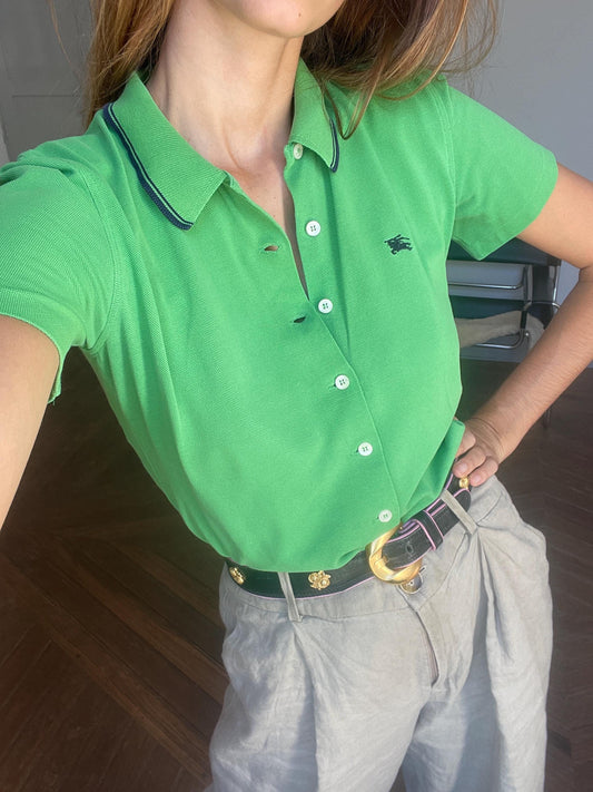 Vintage vibrant green button down polo shirtby Burberrys of London.