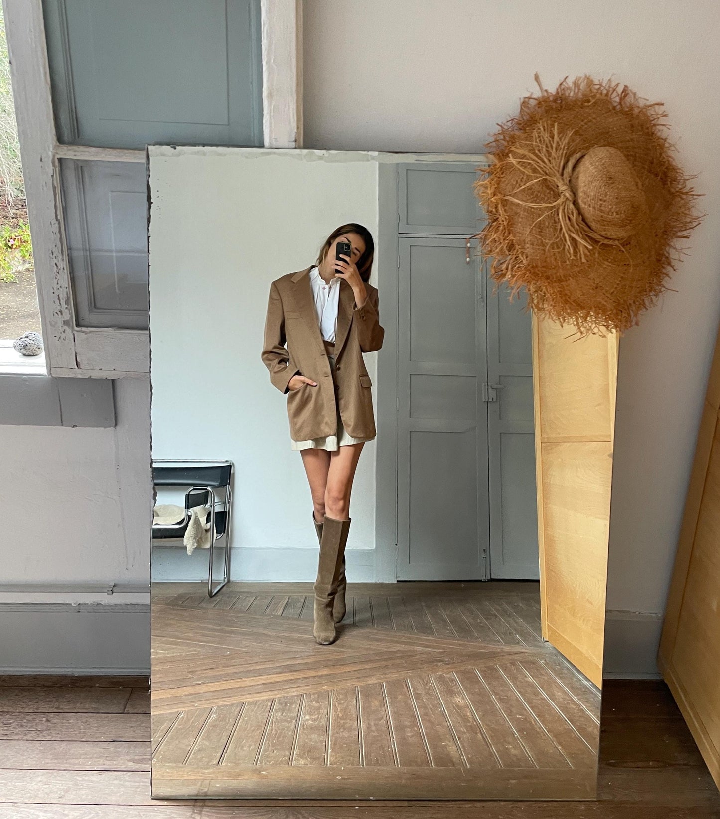 Tan Cashmere Double-Breasted Blazer — back view