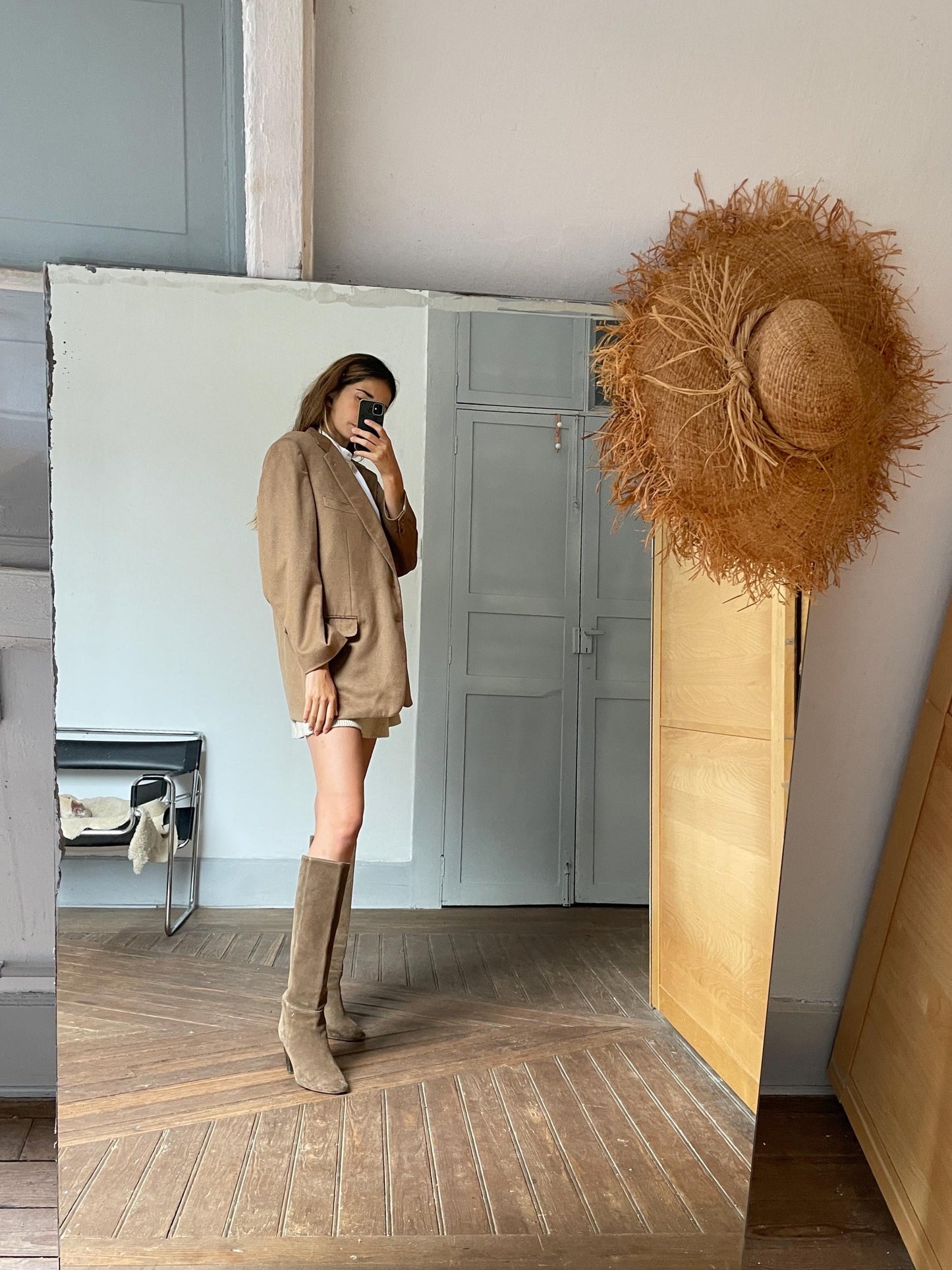Tan Cashmere Double-Breasted Blazer — fabric close-up