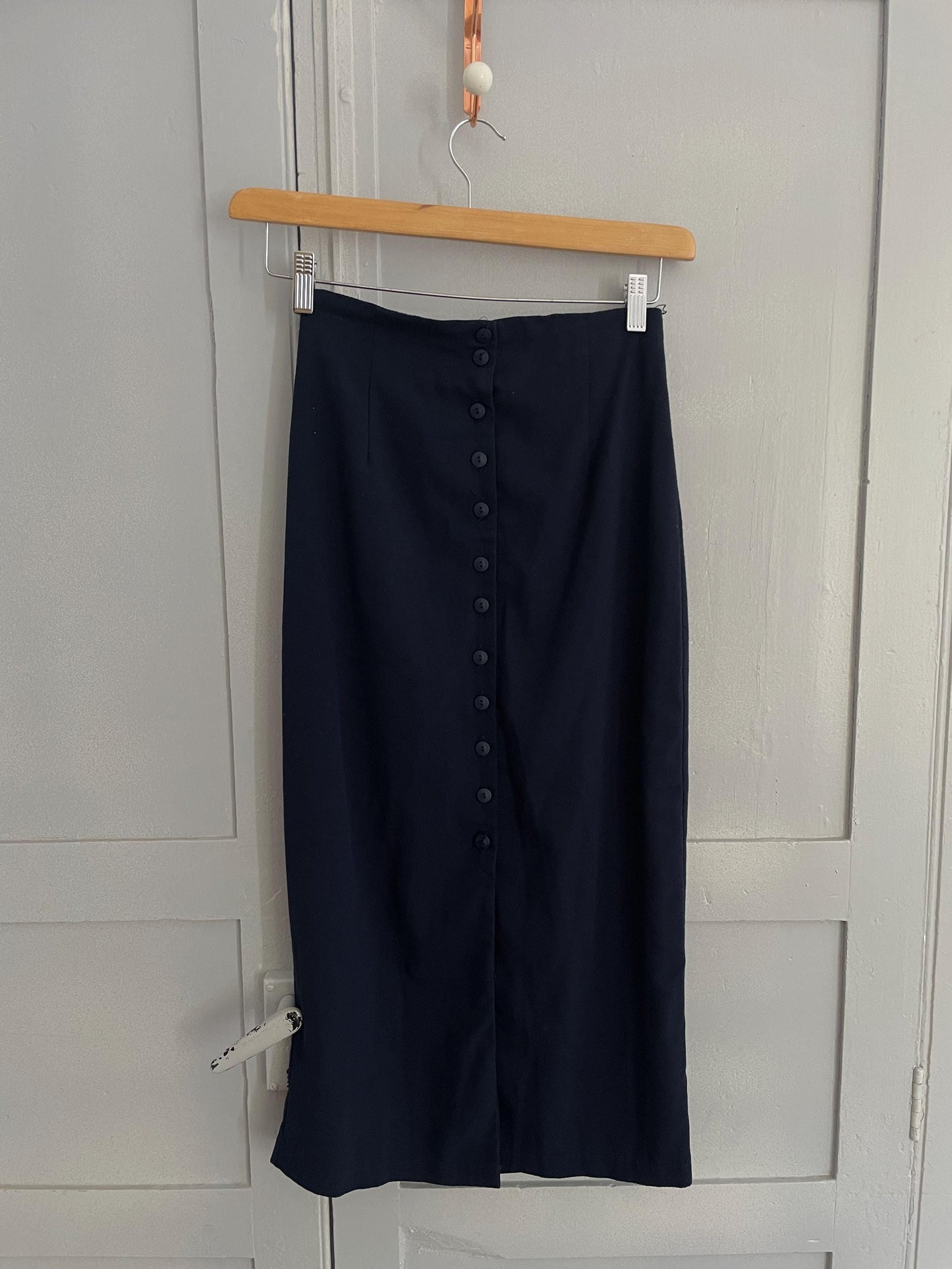 Vintage navy long button down skirt, Elegant fitted high waist maxi skirt, Blue tight pencil skirt,