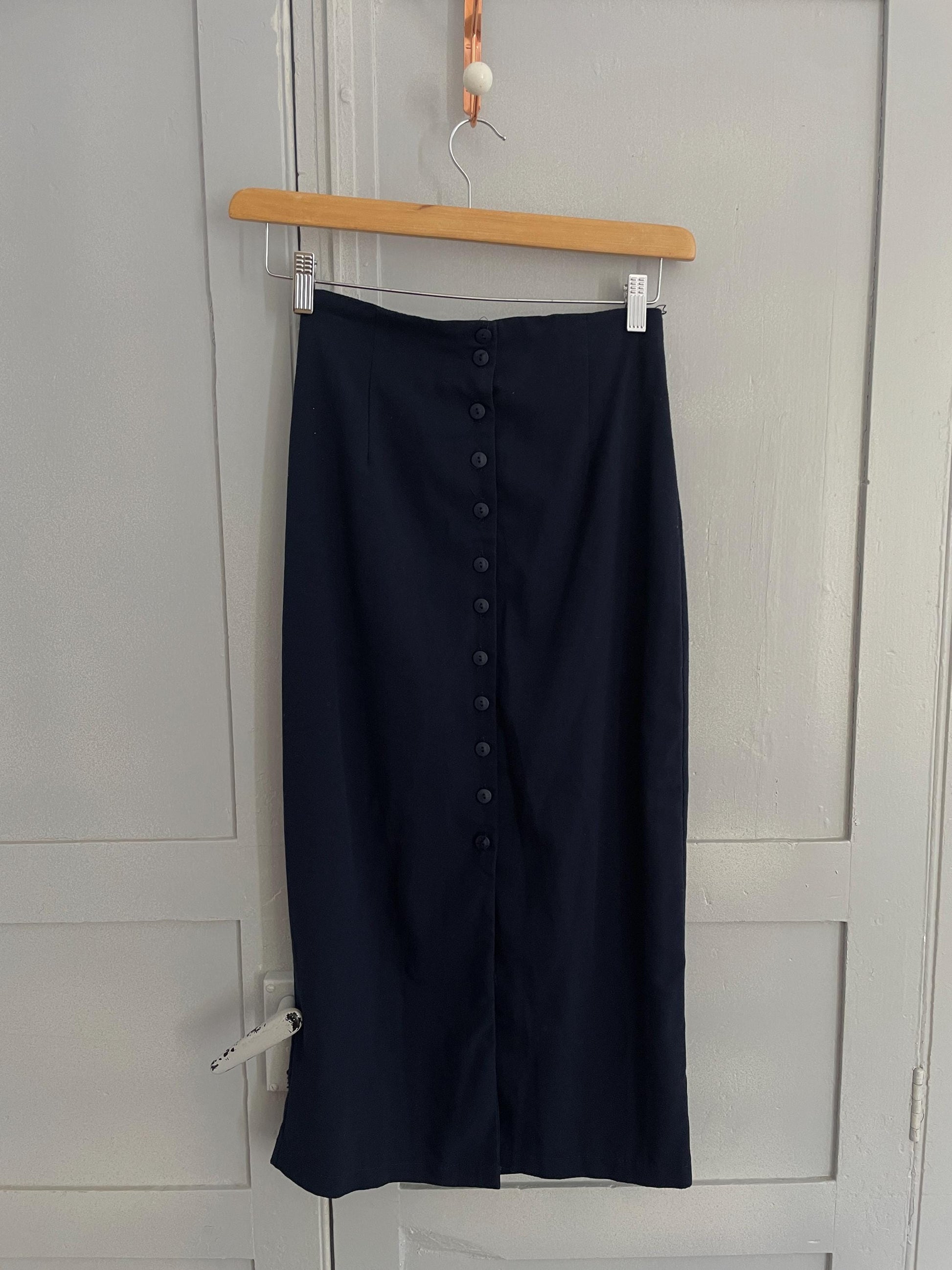 Vintage navy long button down skirt, Elegant fitted high waist maxi skirt, Blue tight pencil skirt,