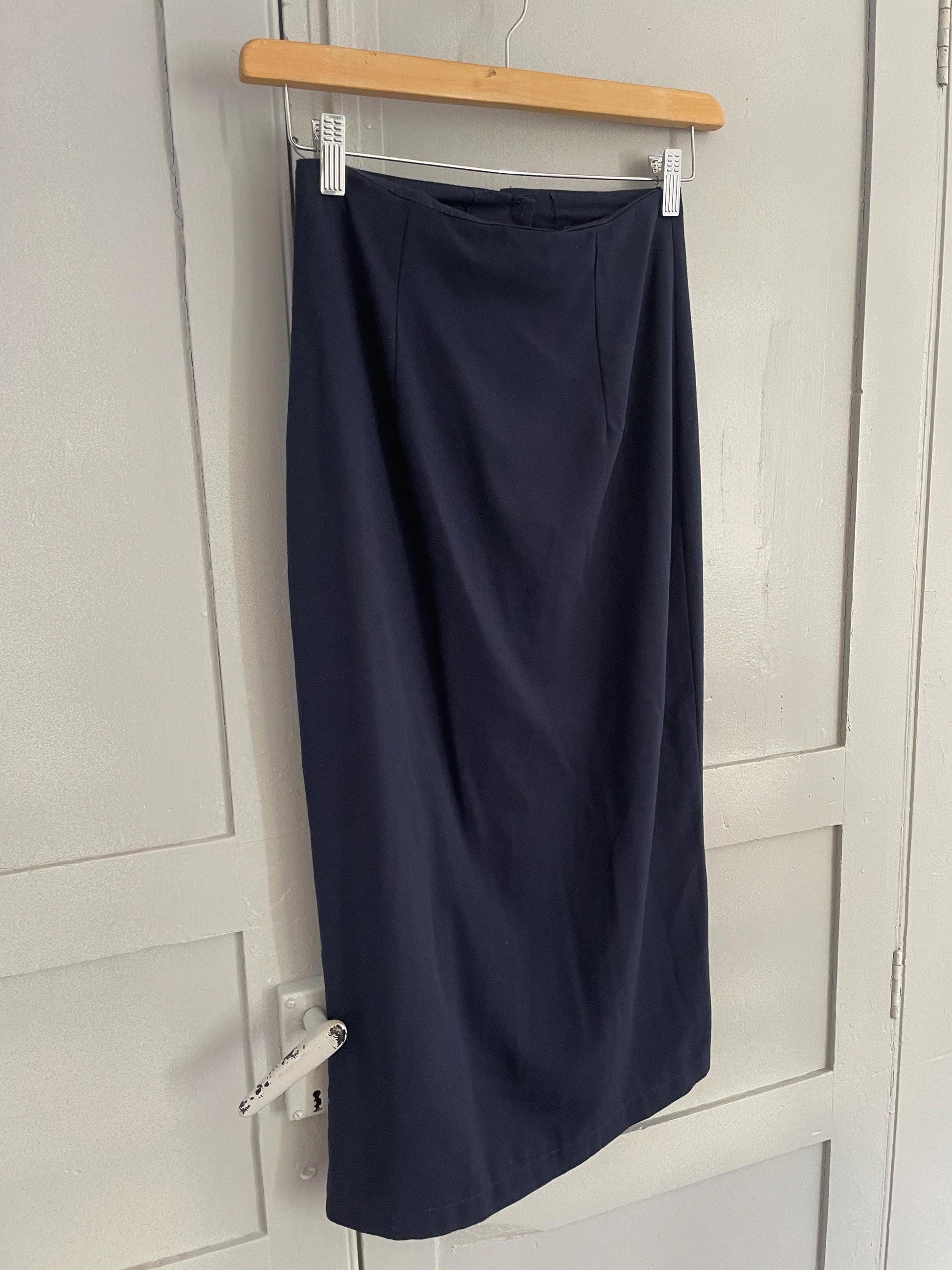 Vintage navy long button down skirt, Elegant fitted high waist maxi skirt, Blue tight pencil skirt,