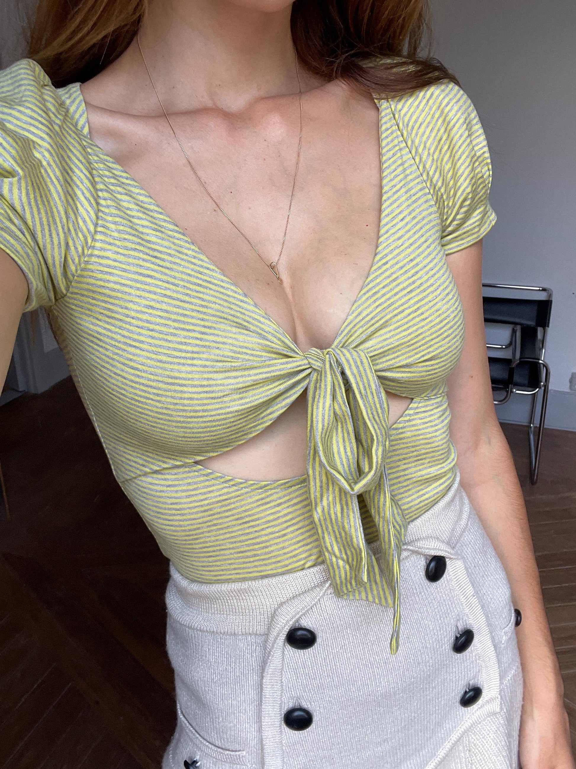Patrizia pepe deep V, cutout t-shirt, Sexy striped Puff sleeve top