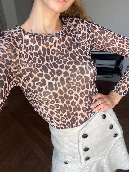 Leopard Print Sheer Vintage Blouse, Long Sleeve Top