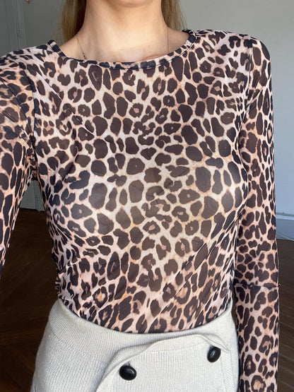 Leopard Print Sheer Vintage Blouse, Long Sleeve Top