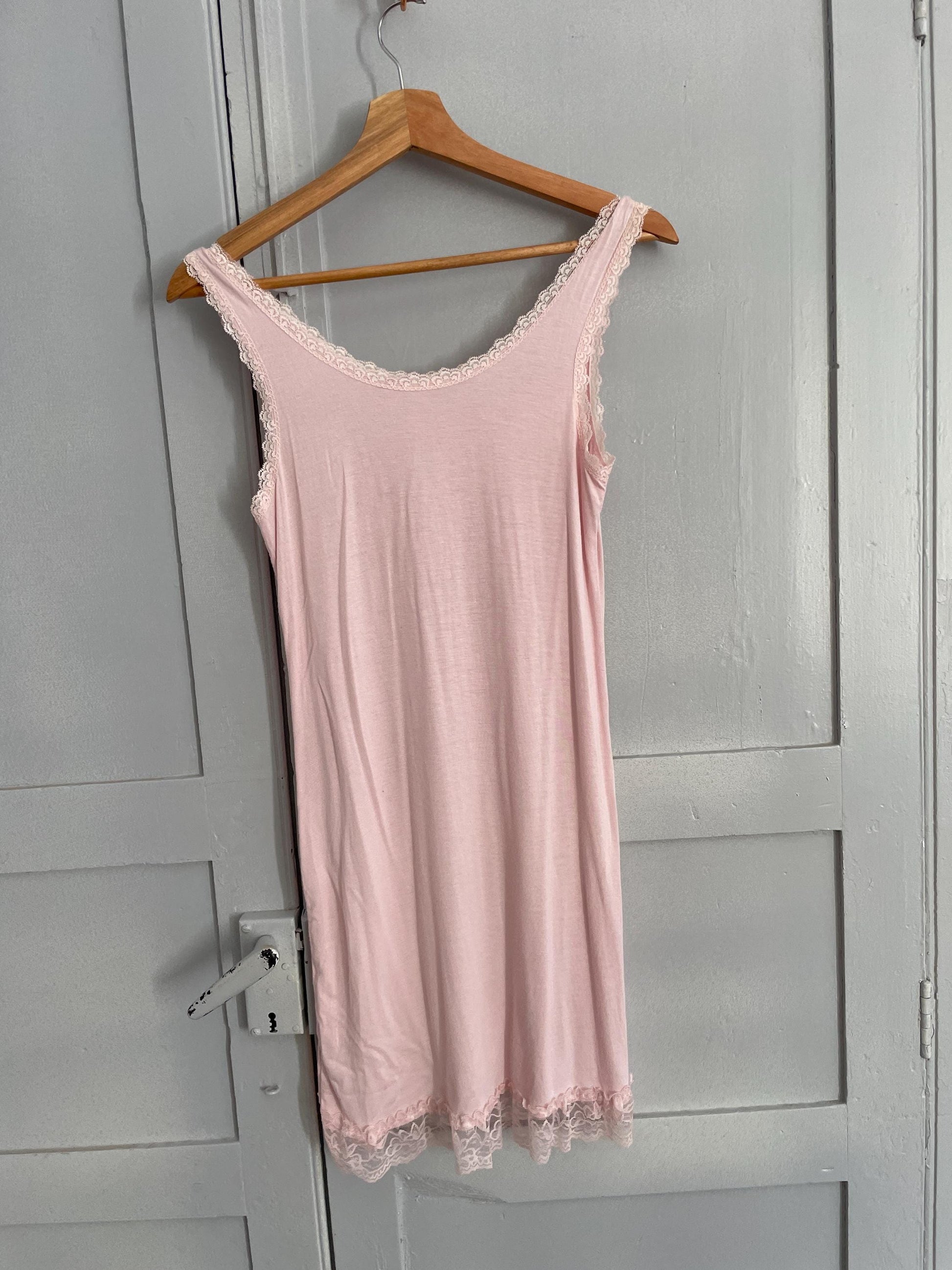 Super soft pink night slip, Romantic baby pink lace night wear, Comfortable night dress, Elegant sleepwear, Pastel pink pyjamas