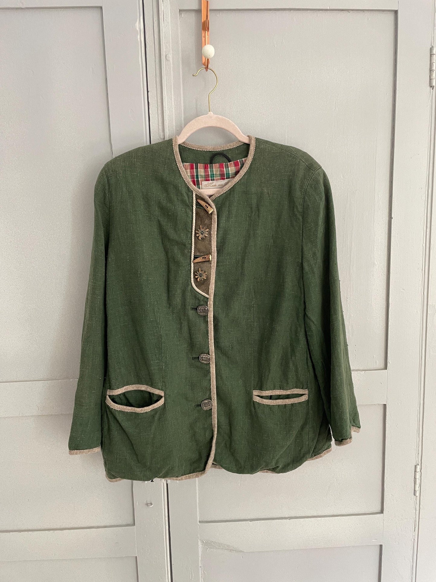 Vintage moss green linen jacket, German dirdnl folklore coat, Austrian trachten autumn cardigan, Cottage core clothing
