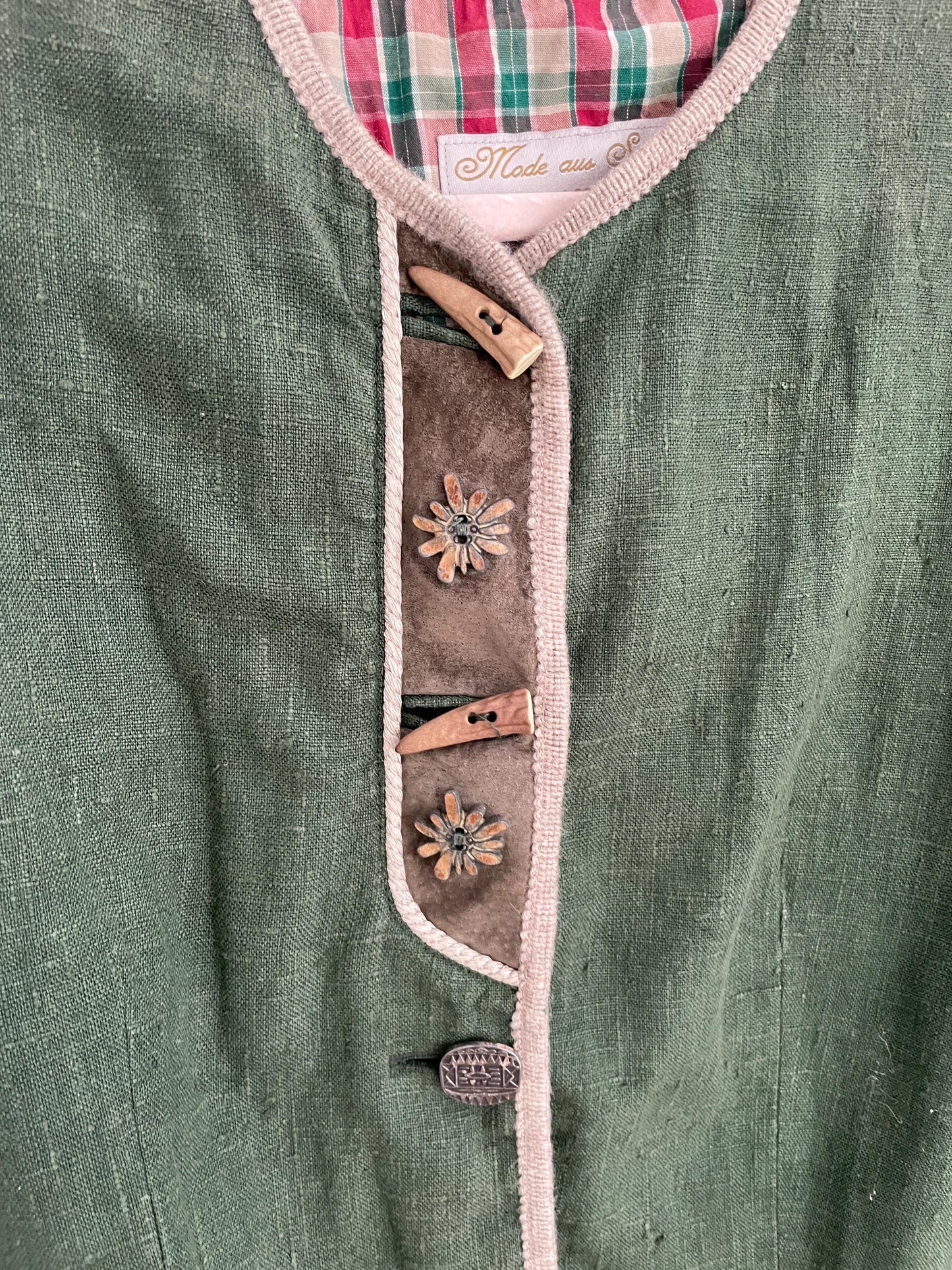 Vintage moss green linen jacket, German dirdnl folklore coat, Austrian trachten autumn cardigan, Cottage core clothing