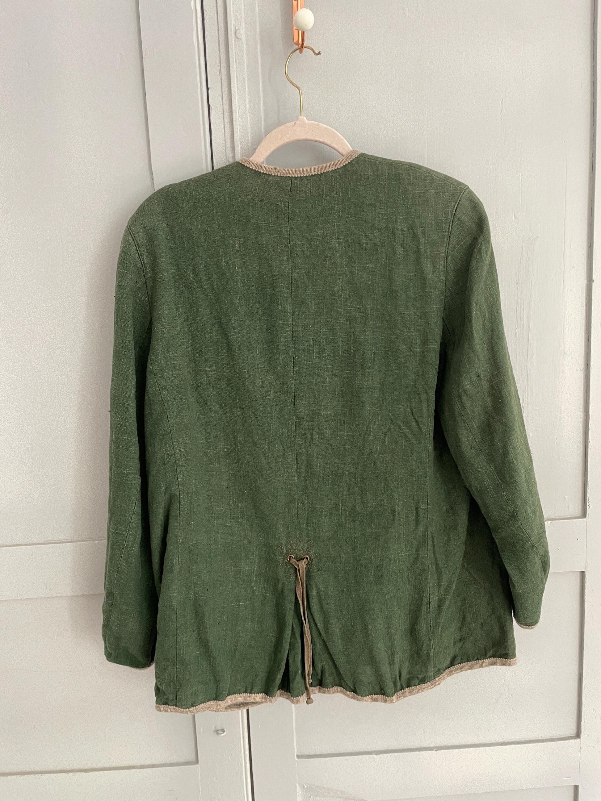 Vintage moss green linen jacket, German dirdnl folklore coat, Austrian trachten autumn cardigan, Cottage core clothing