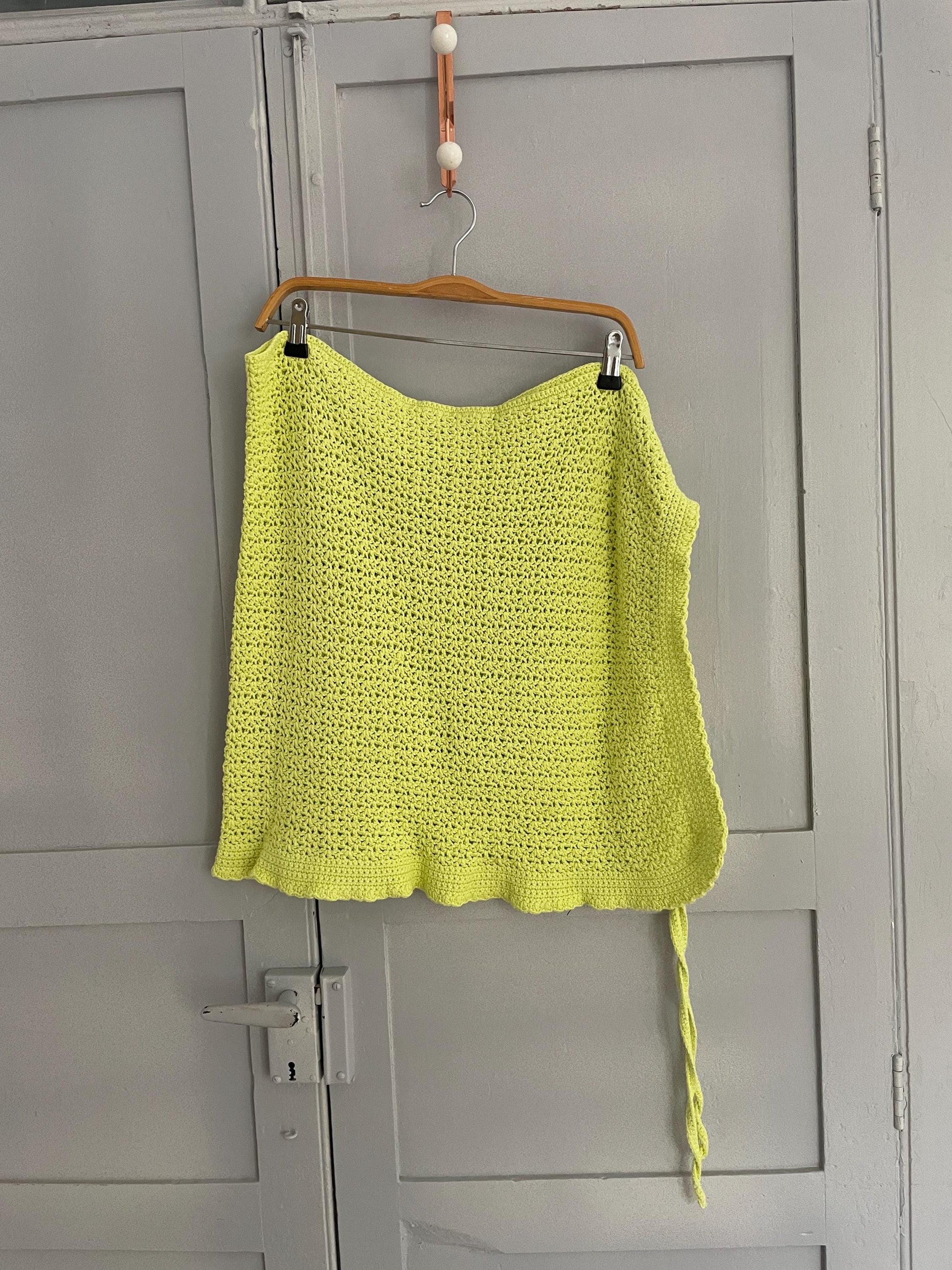 Handmade crochet summer pareo, Bikini beach wear, Lime green hand crocheted wrap skirt, Unique knit beach outfit