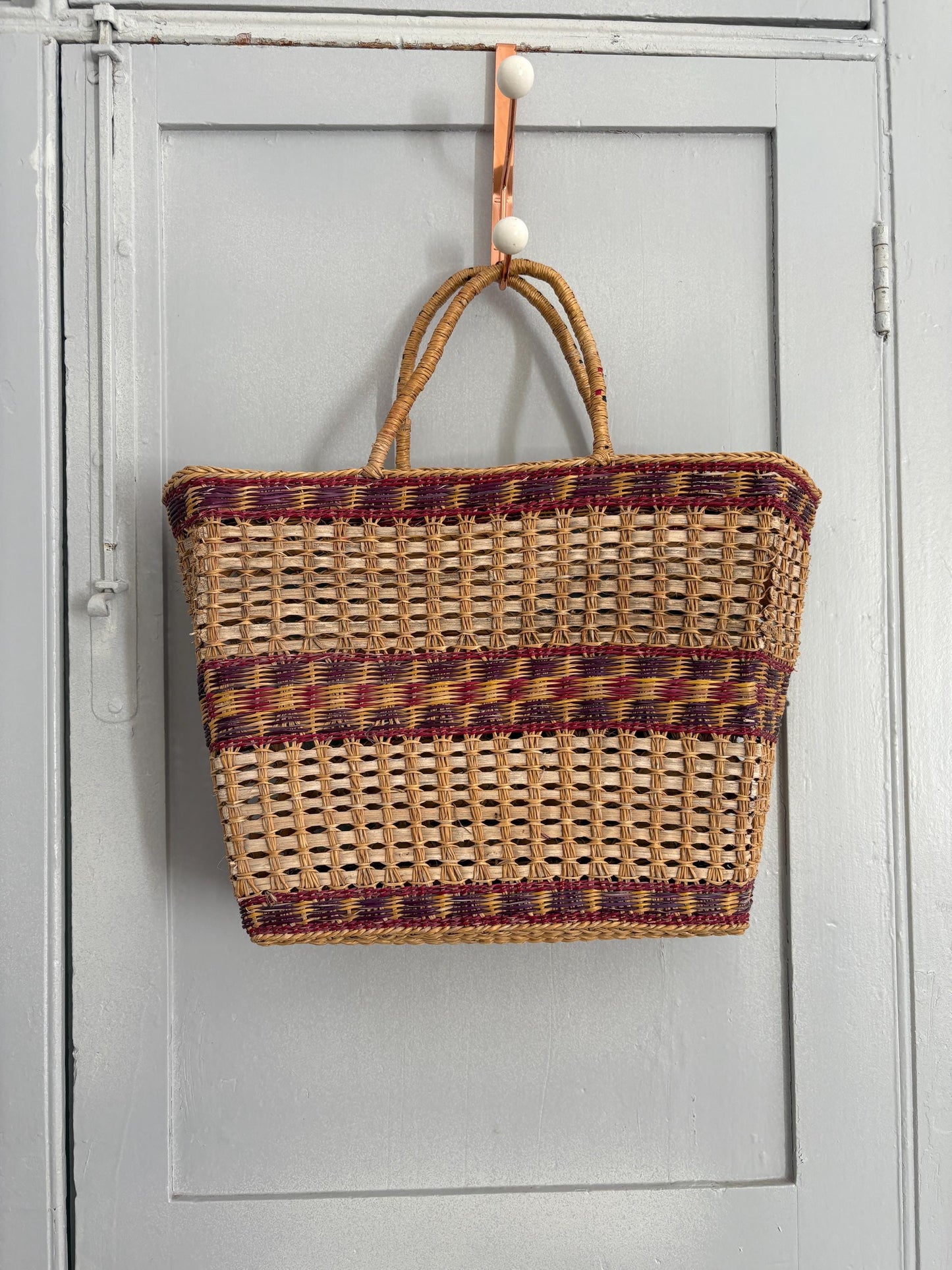 Vintage sisal woven shopper, Brown boho beach bag, Bohemian home decoration, Rattan market shoulder bag, Basket bag
