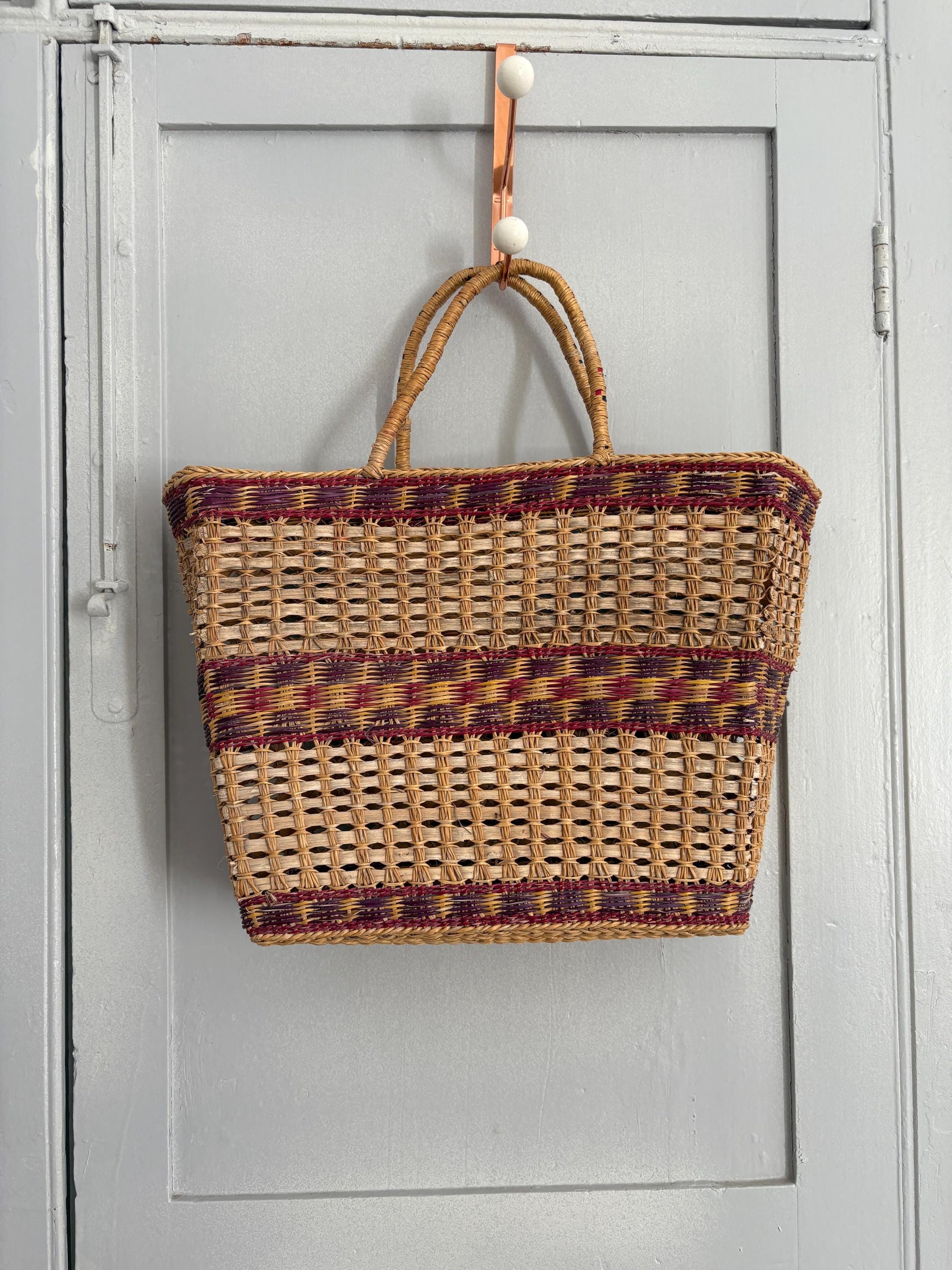 Vintage sisal woven shopper, Brown boho beach bag, Bohemian home decoration, Rattan market shoulder bag, Basket bag