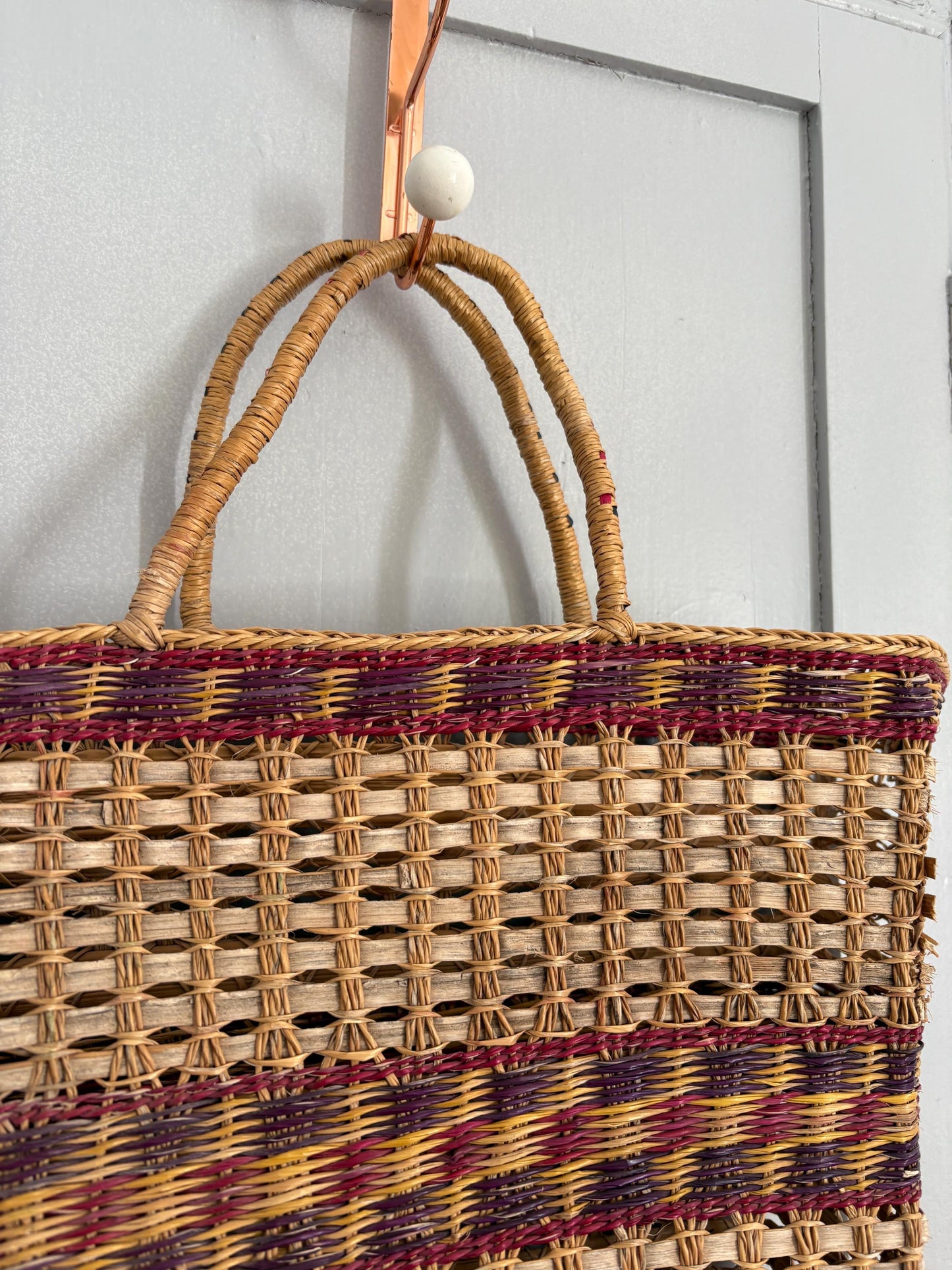 Vintage sisal woven shopper, Brown boho beach bag, Bohemian home decoration, Rattan market shoulder bag, Basket bag