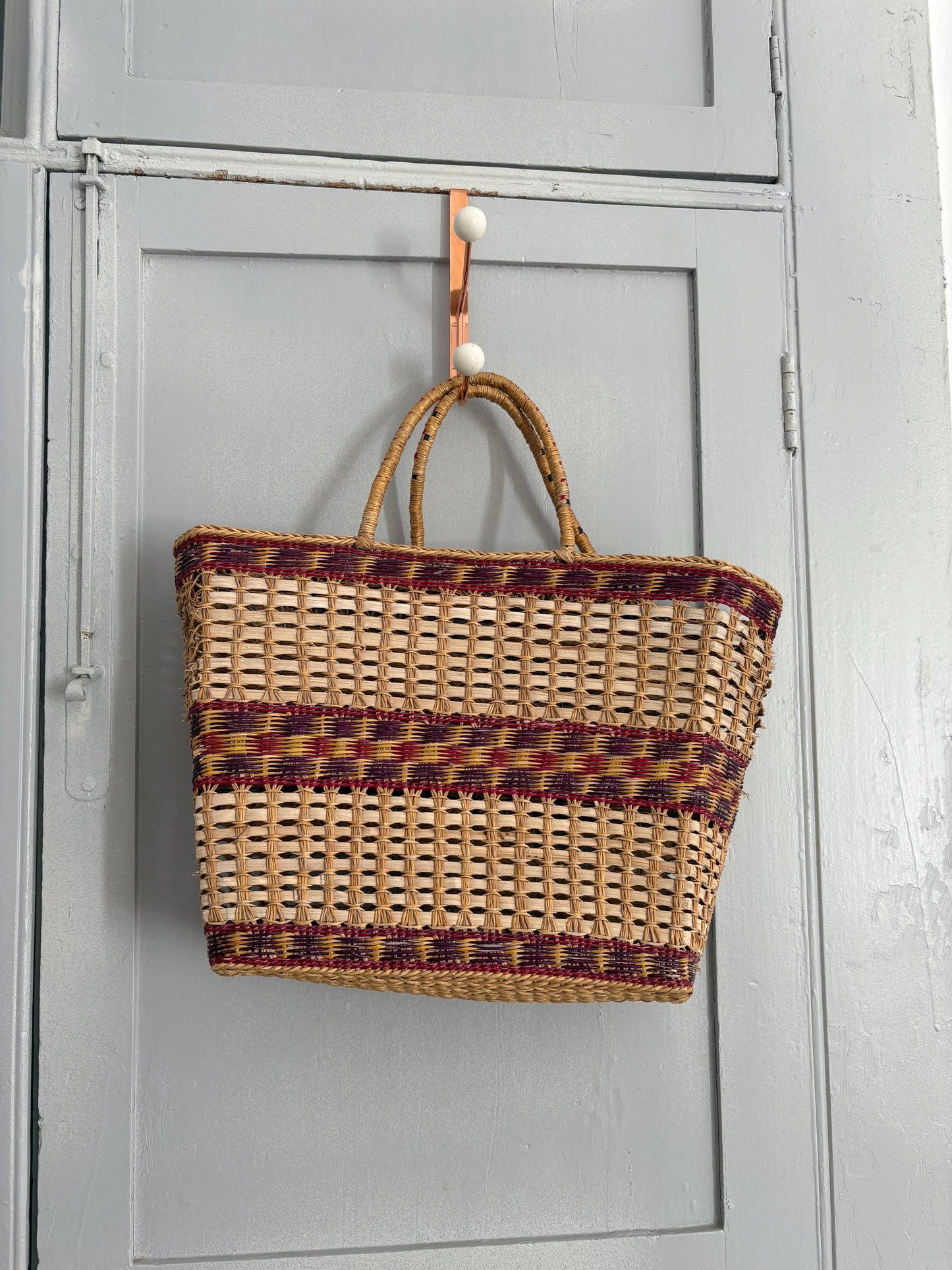Vintage sisal woven shopper, Brown boho beach bag, Bohemian home decoration, Rattan market shoulder bag, Basket bag