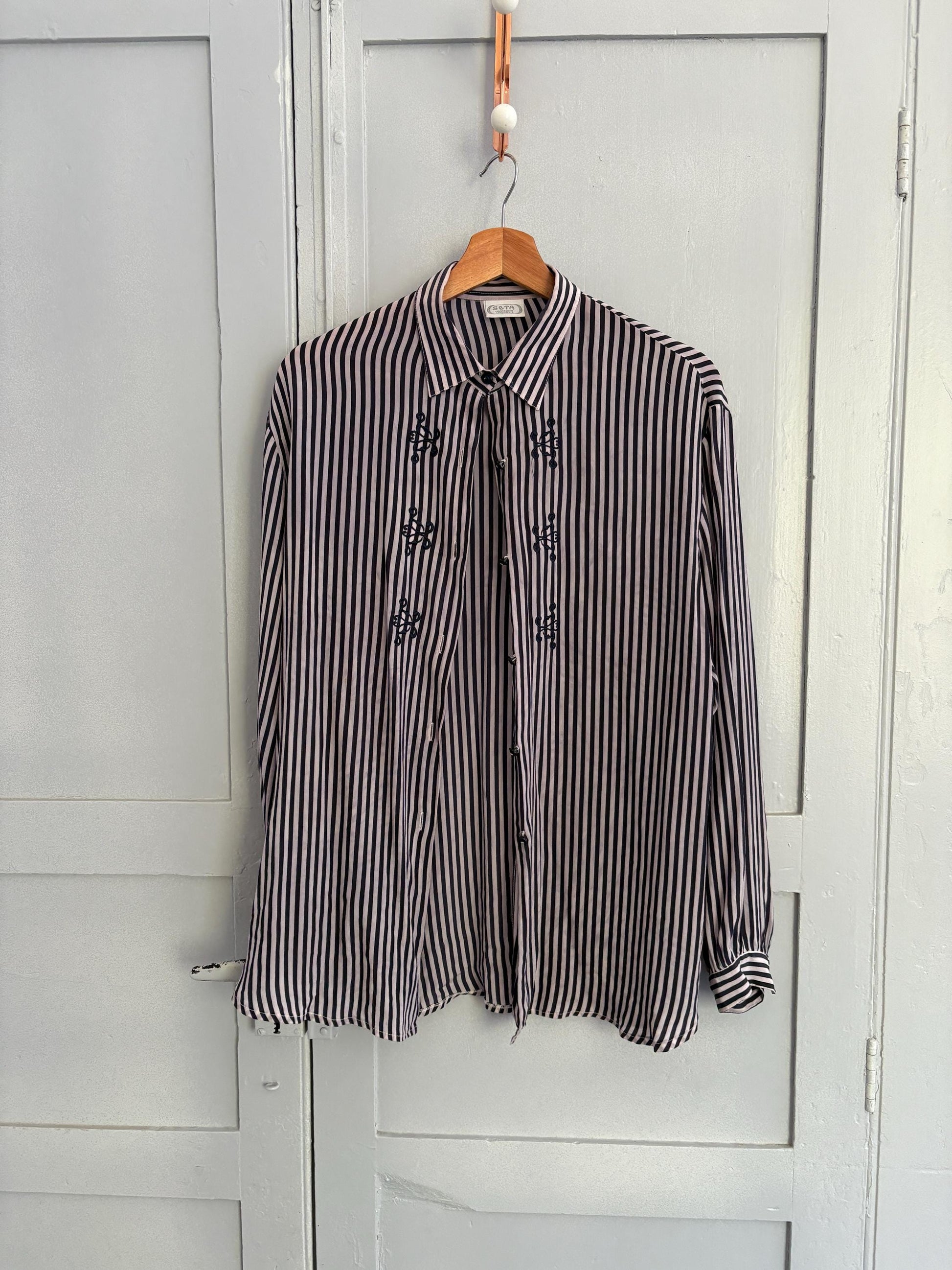 Vintage 100 % pure silk striped woman blouse, True treasure long sleeve feminine shirt, Retro embroidered draping shirt