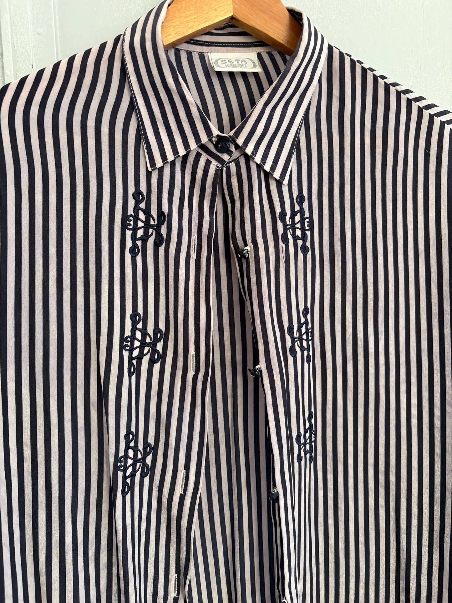 Vintage 100 % pure silk striped woman blouse, True treasure long sleeve feminine shirt, Retro embroidered draping shirt