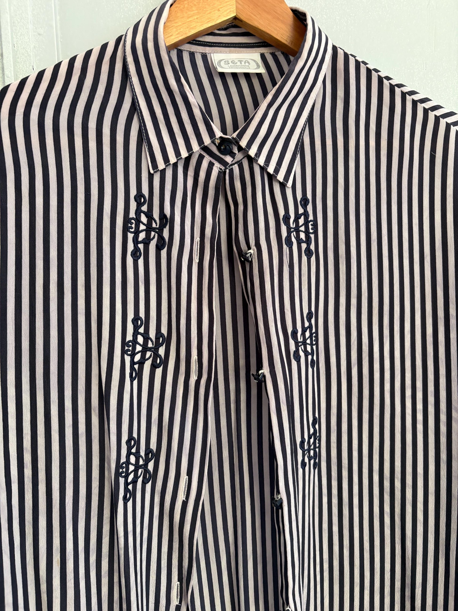 Vintage 100 % pure silk striped woman blouse, True treasure long sleeve feminine shirt, Retro embroidered draping shirt