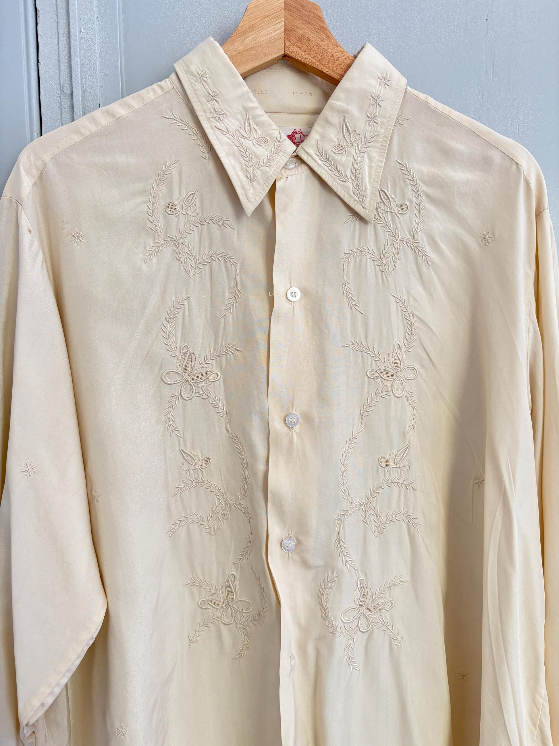 Gorgeous PURE SILK vintage MEN shirt, Hand embroidered off white oxford, A true vintage treasure, Super soft eggshell long sleeve button up