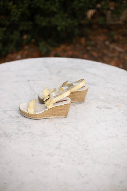 Vintage Prada Platform Espadrilles Sandals, White Patent Leather Straps, Woven Plateau Heel, Y2K Retro Designer Shoes, Leather Slippers