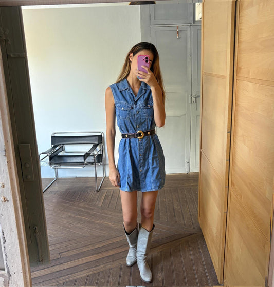 Vintage denim Levi&#39;s dress. Sleeveless short jeans dress