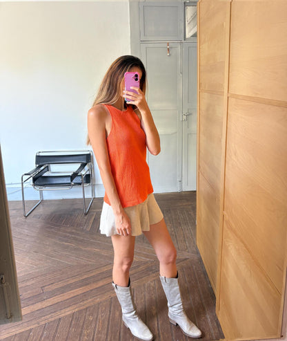 Vibrant Orange Vintage Knit Tank Top — fabric close-up