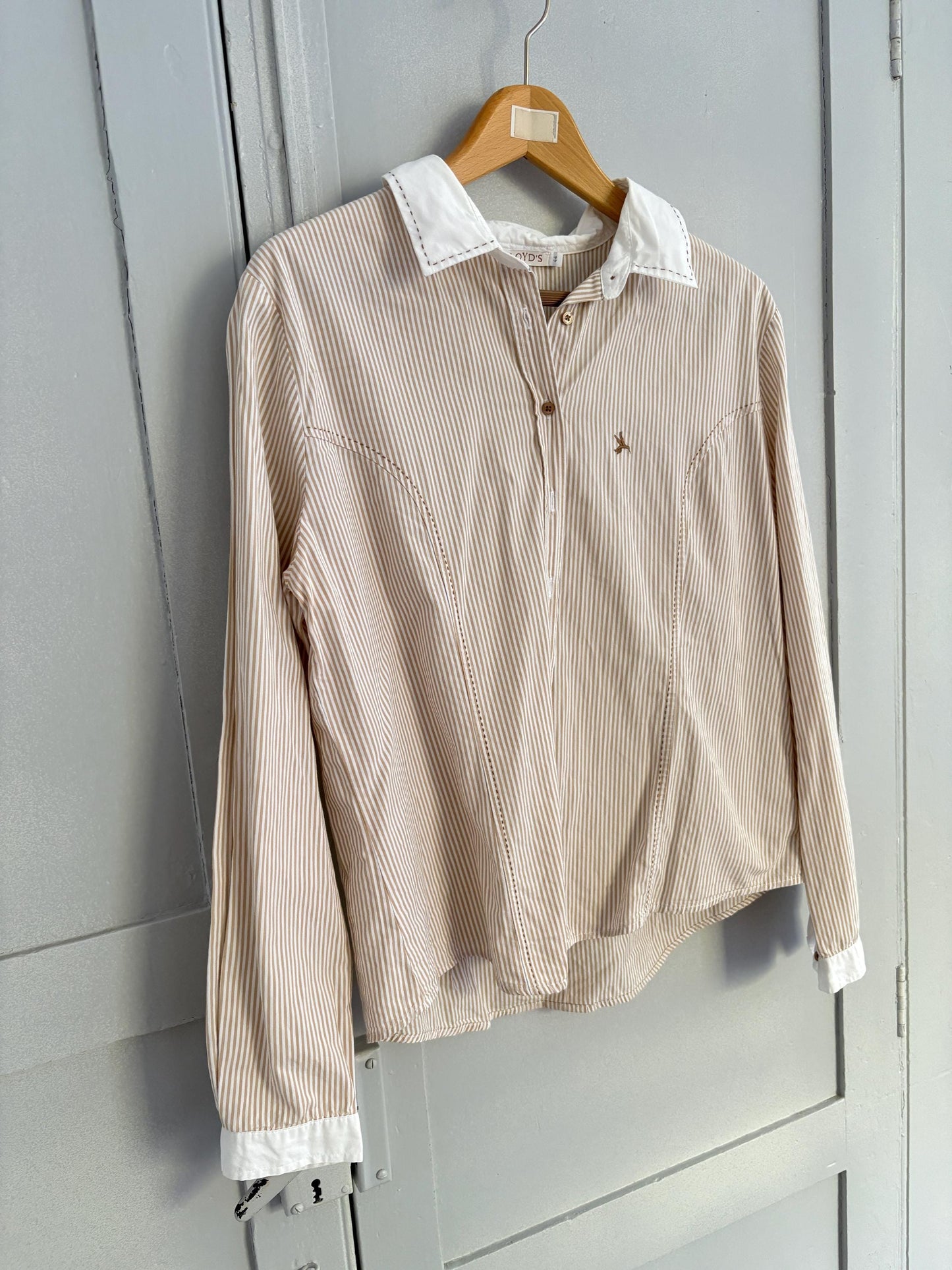 Vintage LLOYD'S brown and white striped formal woman blouse, Elegant button down shirt, M