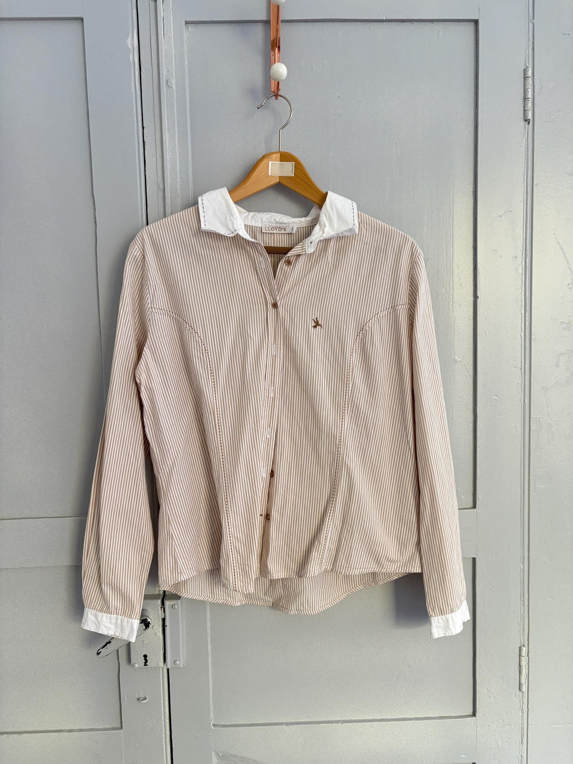 Vintage LLOYD'S brown and white striped formal woman blouse, Elegant button down shirt, M