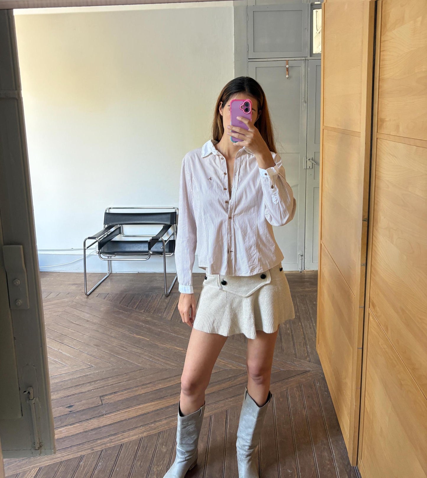 Vintage LLOYD'S brown and white striped formal woman blouse, Elegant button down shirt, M