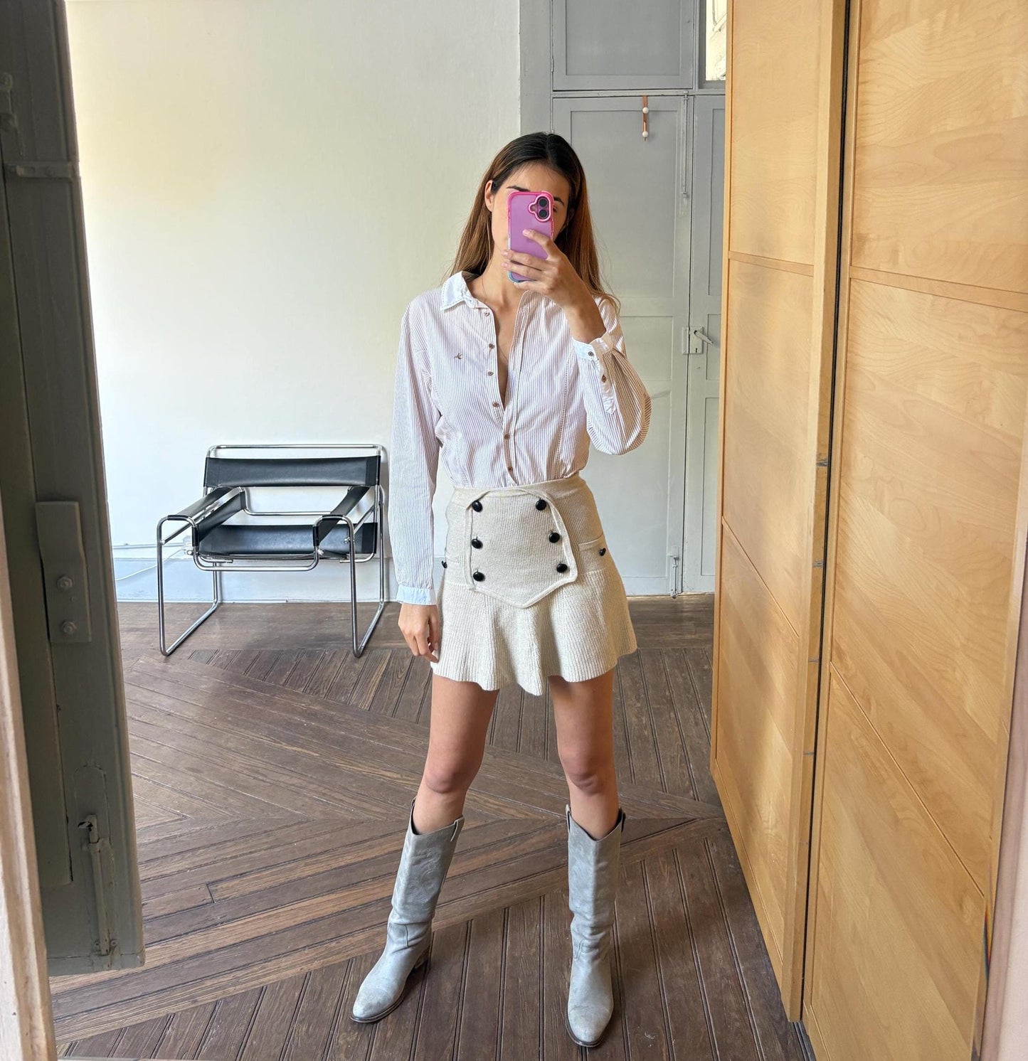 Vintage brown and white striped formal woman oxford shirt.