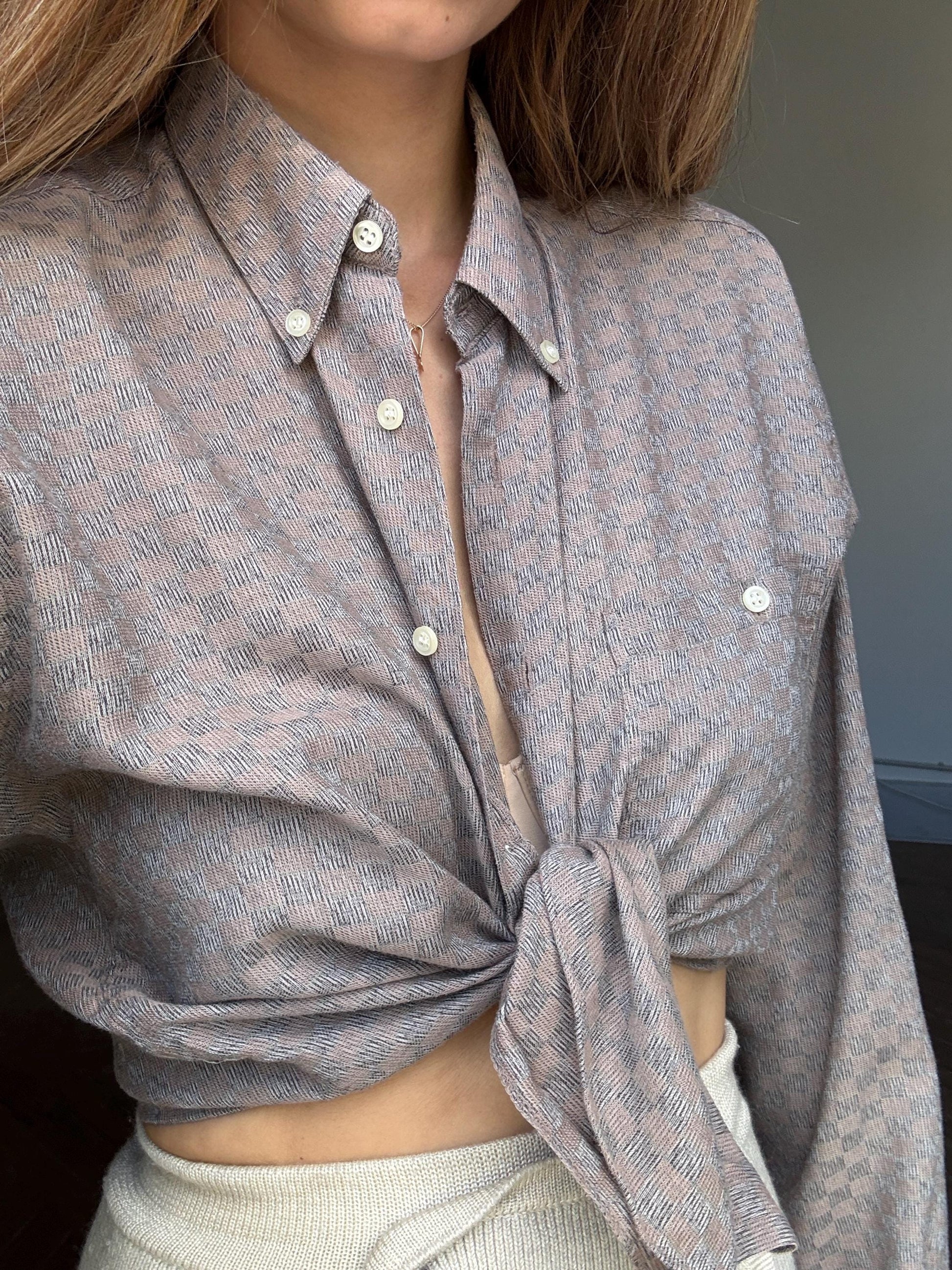 Vintage Bruno Minelli brown button down blouse, Elegant knot tie shirt, M