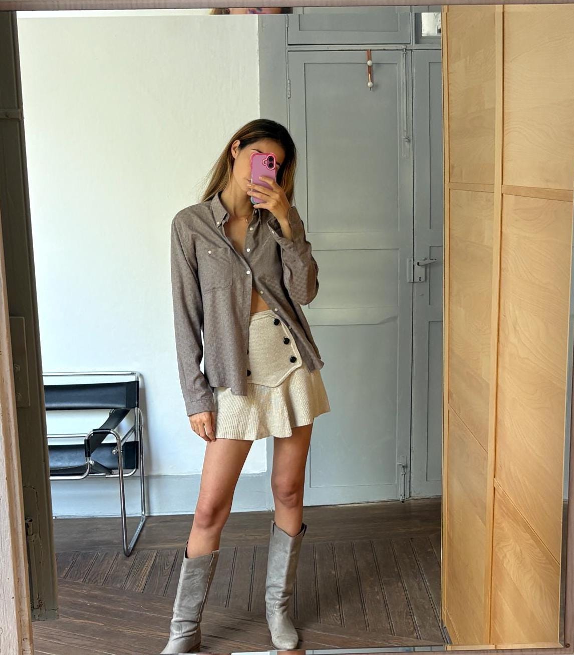 Vintage Bruno Minelli brown button down blouse, Elegant knot tie shirt, M