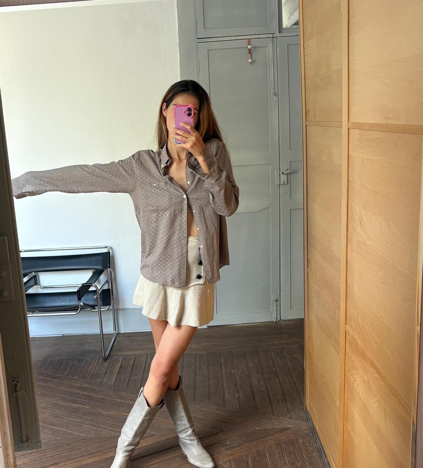 Vintage Bruno Minelli brown button down blouse, Elegant knot tie shirt, M