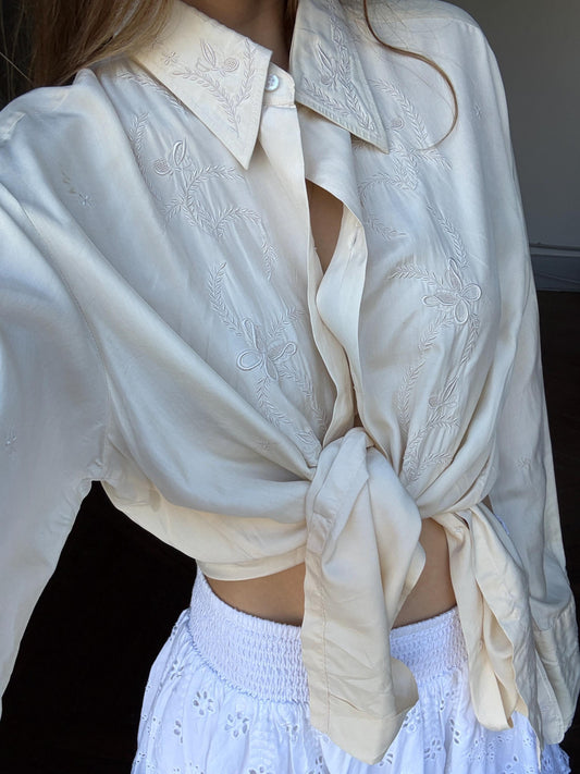 Gorgeous PURE SILK vintage MEN shirt, Hand embroidered off white oxford, A true vintage treasure, Super soft eggshell long sleeve button up