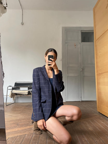 Vintage Dark Blue Squared Blazer Jacket — fabric close-up