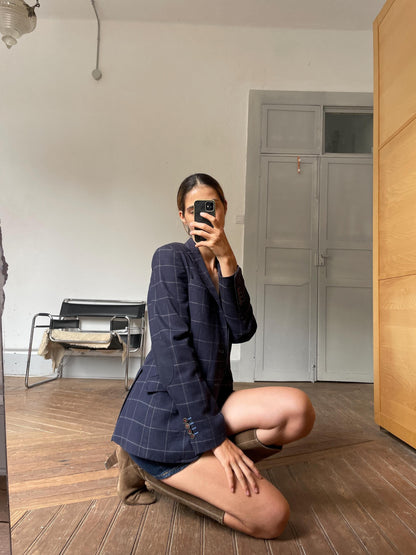 Vintage Dark Blue Squared Blazer Jacket — detail